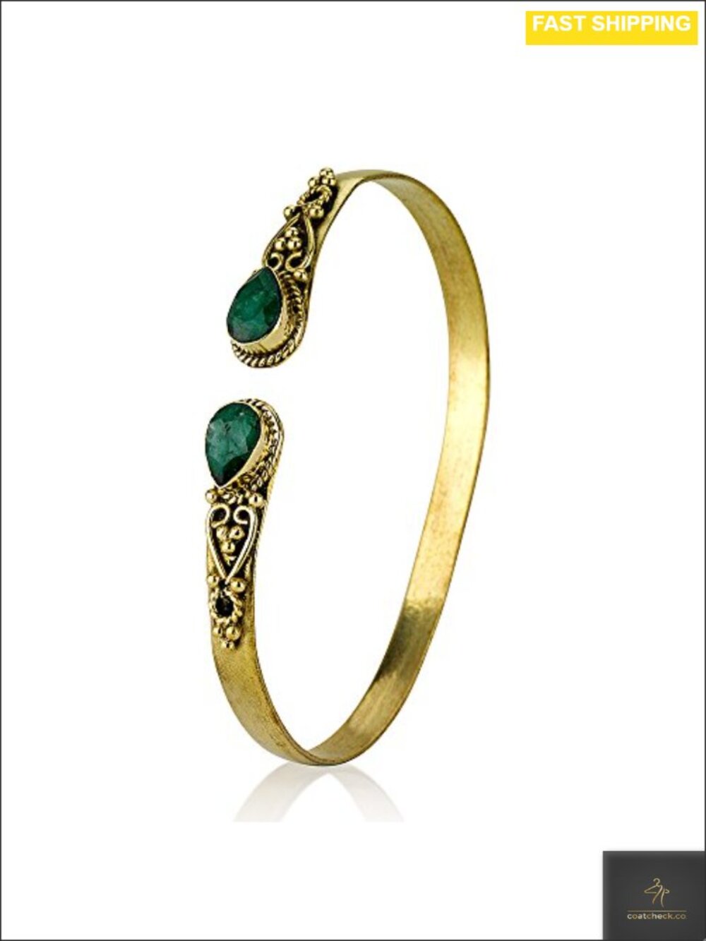 Created Emerald Brass Bangle Bracelet Adjustable